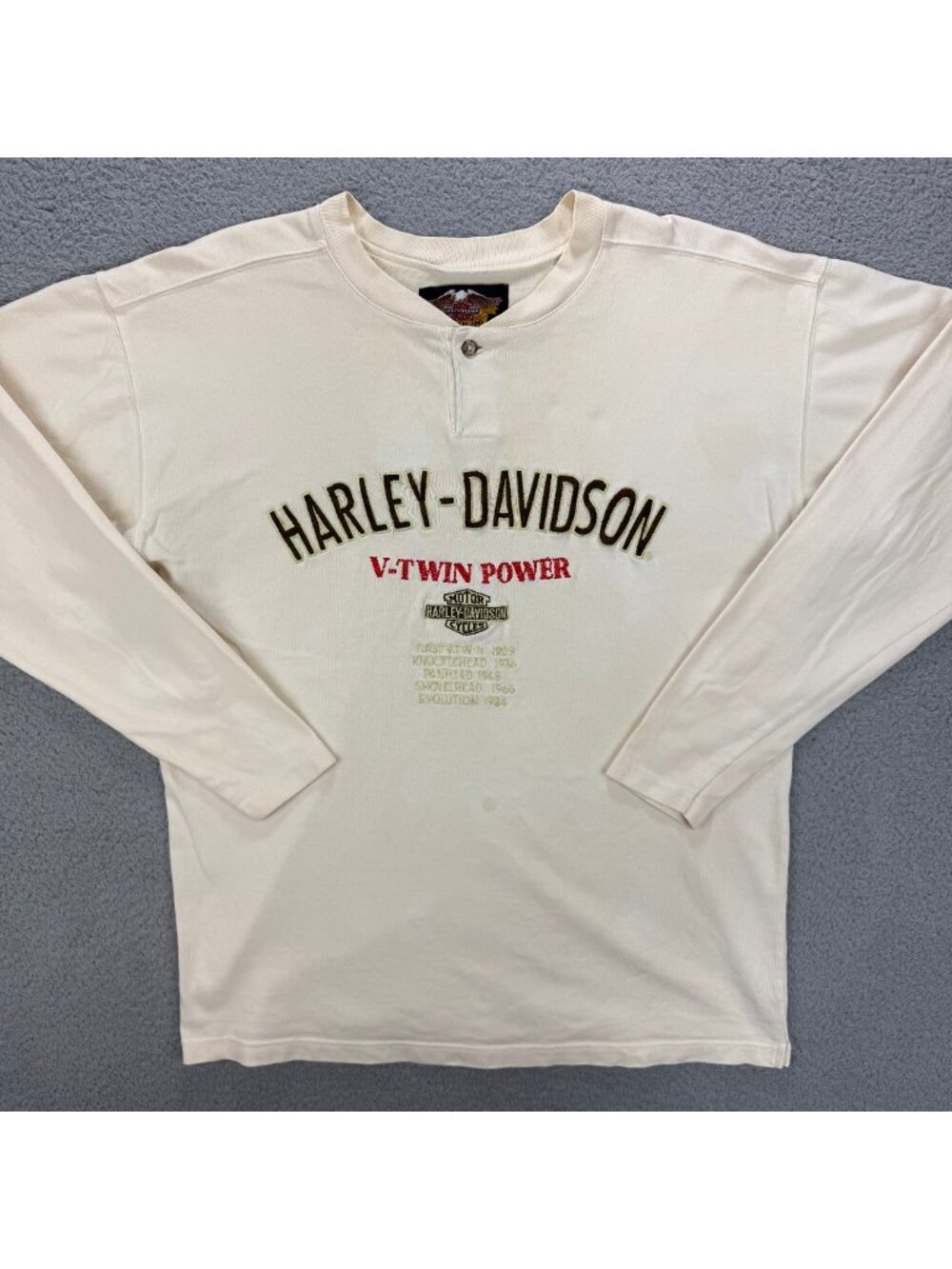 Harley Davidson T Shirt Large Off White V Twin Power Henley Long Sleeve Vintage